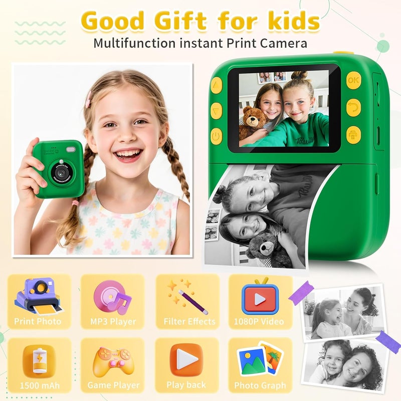 Yusuuo Instant Print Camera for Kids, Christmas Birthday Gifts for Girls Boys, 1080P Instant Digital Print Cameras for Toddler,Portable Toy for 4 5 6 7 8 9 10 Year Old Girl with 32GB SD Card，Green - Image 2